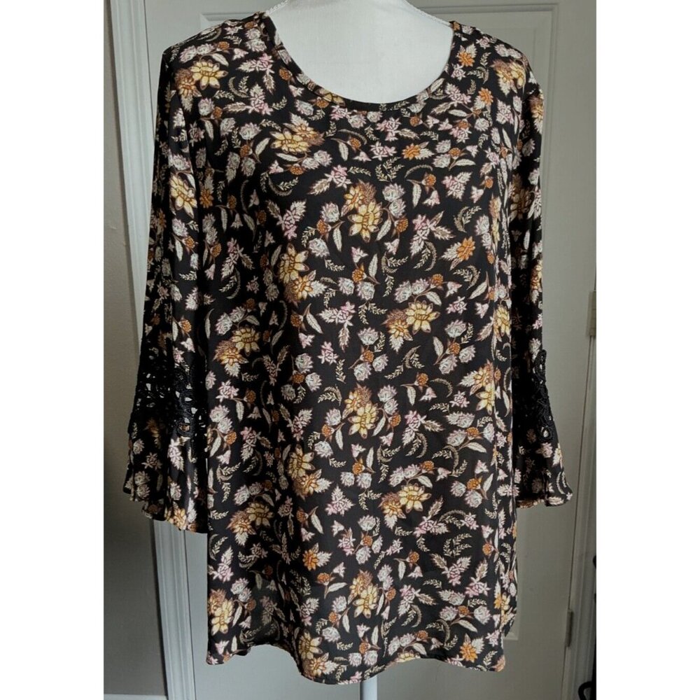 Zac‎ & Rachel Women's Black Floral Print 3/4 Bell Sleeve Embroidery